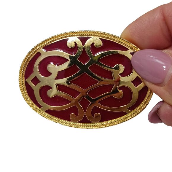 Vntg Celtic Brooch 3" RED Coat Pin Oval Metal Enamel Milgrain Accent Gold Estate - Picture 3 of 16